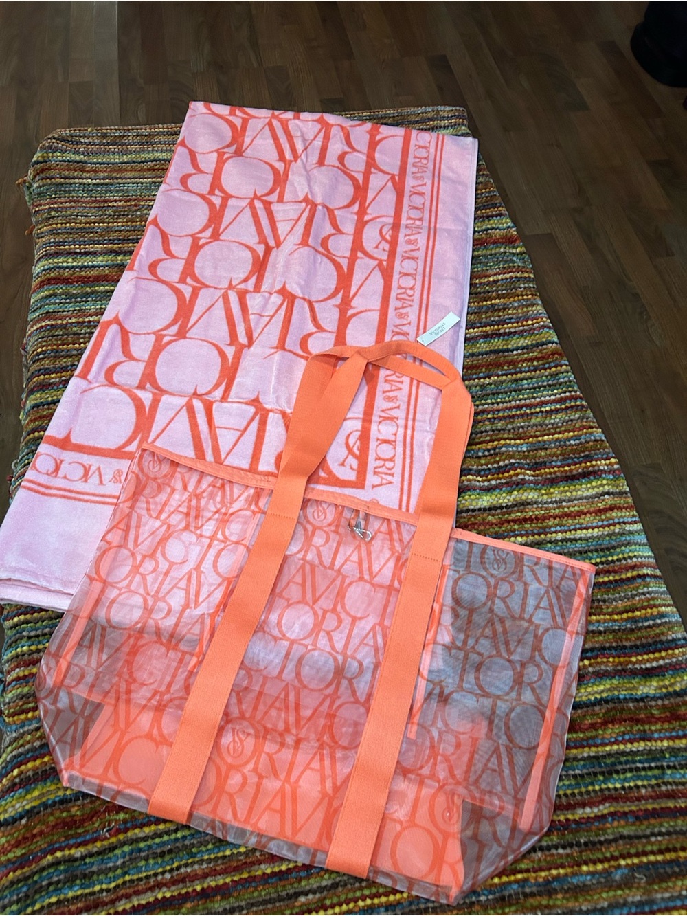 Victoria's Secret Pink and Coral logo beach bag with XL beach Blanket towel New